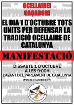 Recordeu: Aquest dissabte 1 d’octubre tots a la manifestació en defensa dels ocellaires de Catalunya