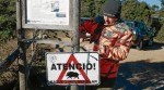 Un cazador coloca un cartel de advertencia de una cacería de jabalíes en el Coll de Coloma, en el término de Figuerola del Camp. FOTO: Fabián Acidres